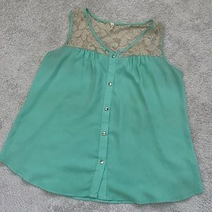 Turquoise tank with button and lace detail